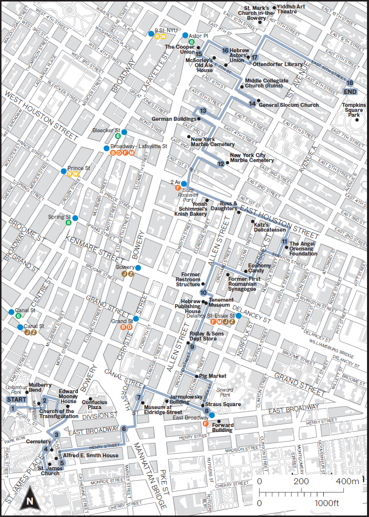 Printed route map from Chinatown north to Tompkins Square Park
