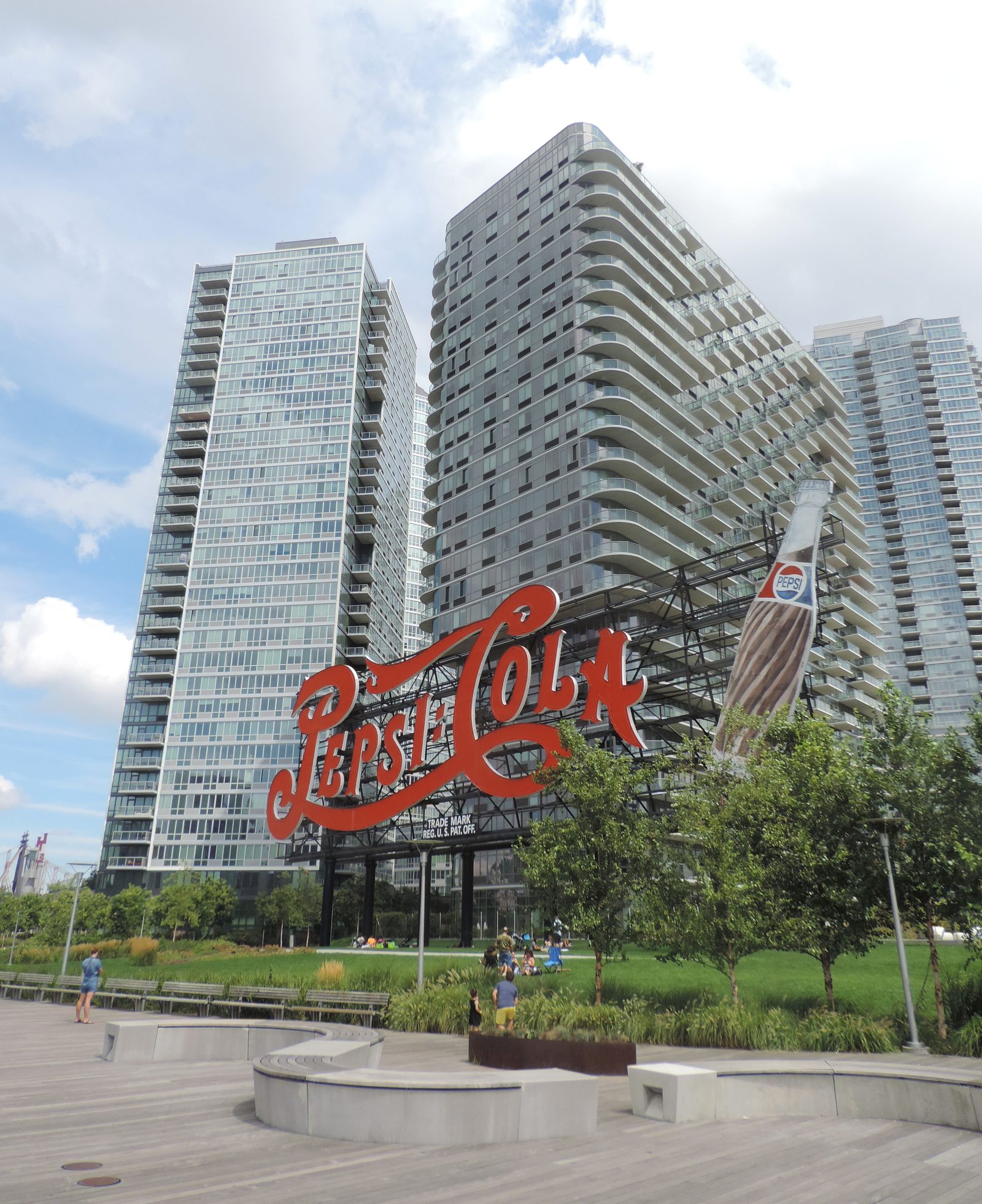 The Pepsi-Cola sign, with 46-10 Center Boulevard set back to frame it