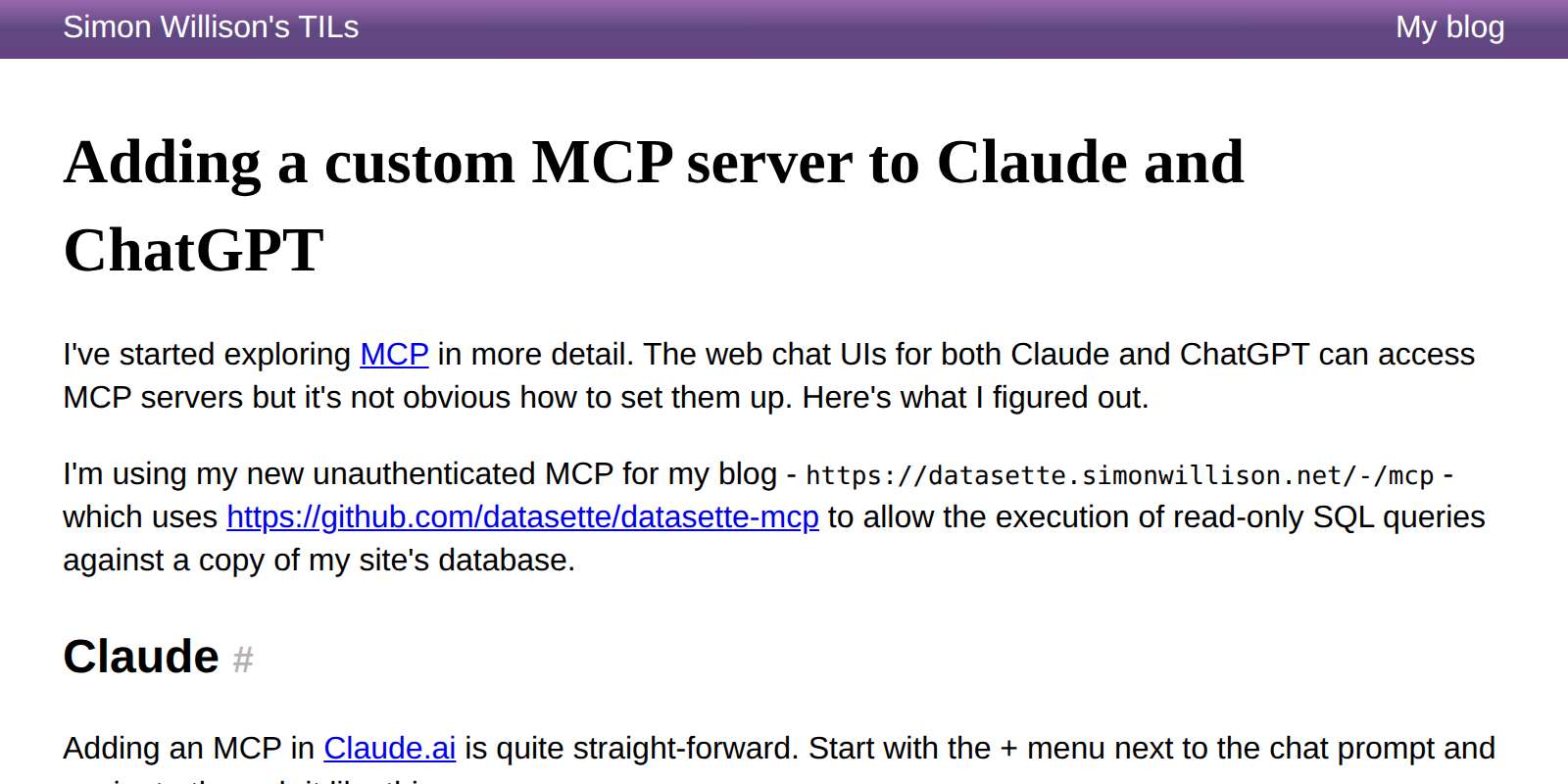 TIL: adding a custom MCP server to Claude and ChatGPT