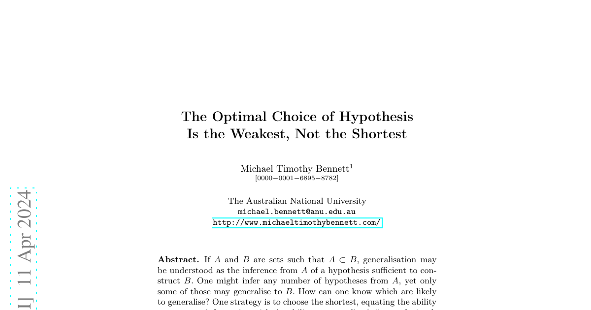 First page of the paper The Optimal Choice of Hypothesis Is the Weakest, Not the Shortest